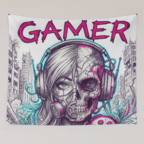 Item preview, Cyberpunk Gamer Girl Neon Grunge Half Skull 2026 designed and sold by MarCinu Art.