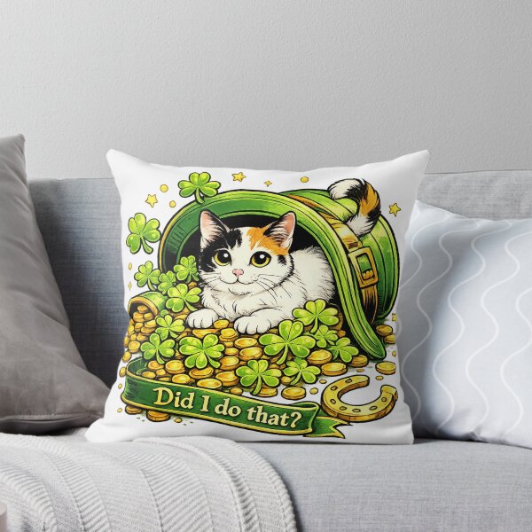 Item preview, Funny St. Patrick’s Day Cat Design, Japanese Bobtail in Leprechaun Hat With Shamrocks and Gold Coins, “Did I do that?” Ribbon, Cute Irish Lucky Cat Gift designed and sold by TerScott.