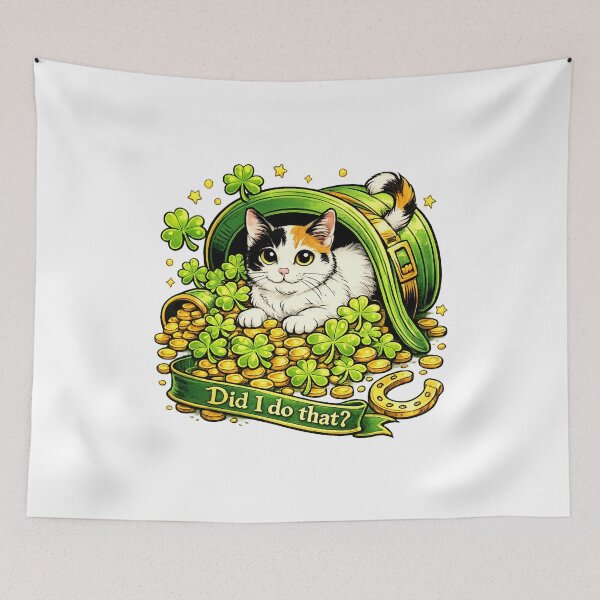 Item preview, Funny St. Patrick’s Day Cat Design, Japanese Bobtail in Leprechaun Hat With Shamrocks and Gold Coins, “Did I do that?” Ribbon, Cute Irish Lucky Cat Gift designed and sold by TerScott.