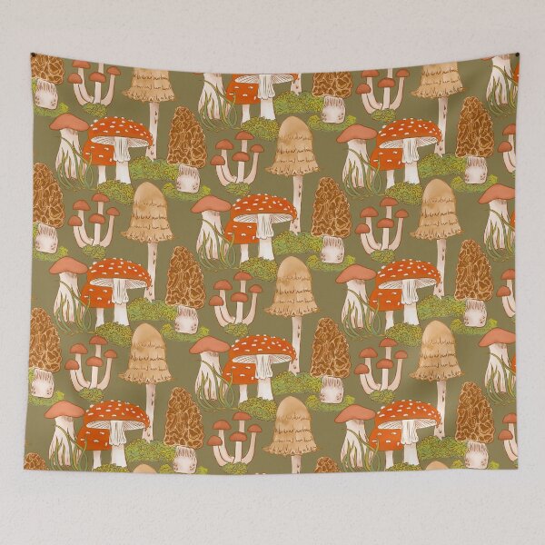 Item preview, Mushroom forest on Olive Green designed and sold by latheandquill.