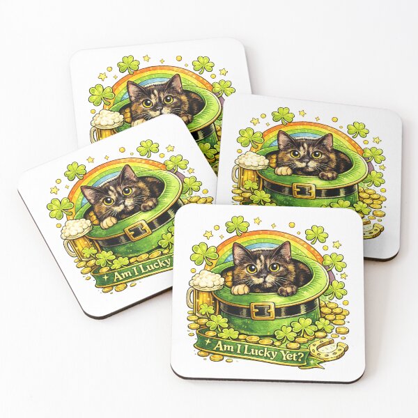 Item preview, Funny St. Patrick’s Day Tortoiseshell Cat Design, Lucky Leprechaun Hat With Shamrocks and Gold Coins, “Am I Lucky Yet?” Ribbon, Cute Irish Cat Gift designed and sold by TerScott.
