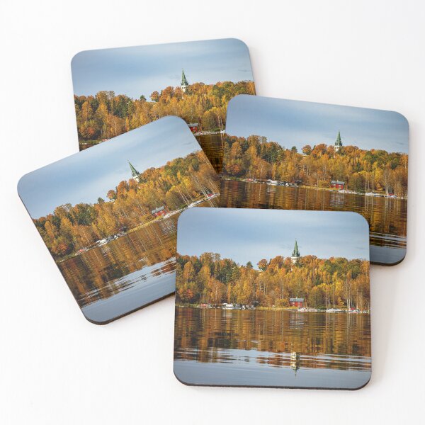 Item preview, Golden Autumn Reflections – Lakeside Village with Church Spire designed and sold by MCre8ive.