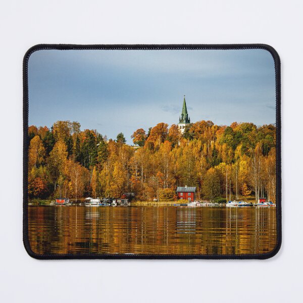 Item preview, Golden Autumn Reflections – Lakeside Village with Church Spire designed and sold by MCre8ive.