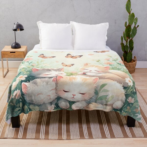 Aperçu de l'œuvre Adorables chatons endormis parmi les fleurs printanières – Illustration pastel de chatons et de papillons par NegarTv Designs créée et vendue par NegarTv Designs.