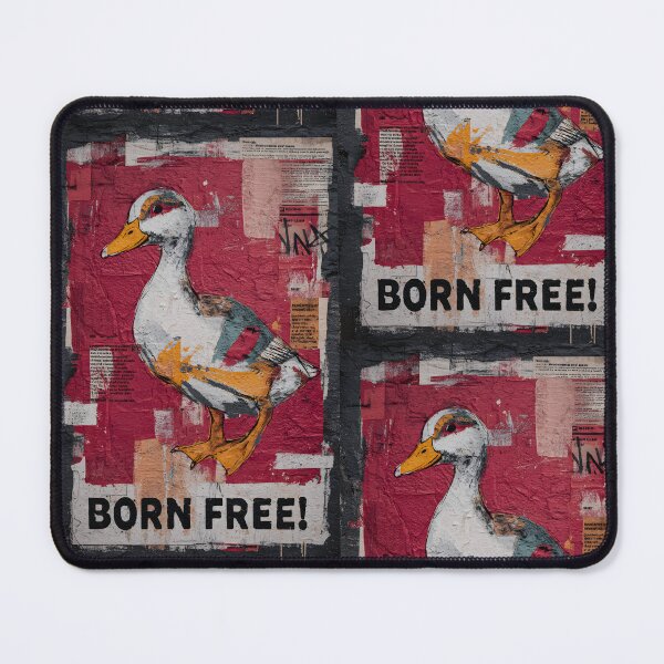 Item preview, Celebrate Freedom with Stylized Duck Holding Born Free Sign on Textured Red Collage Background designed and sold by OlfactoART Studio.