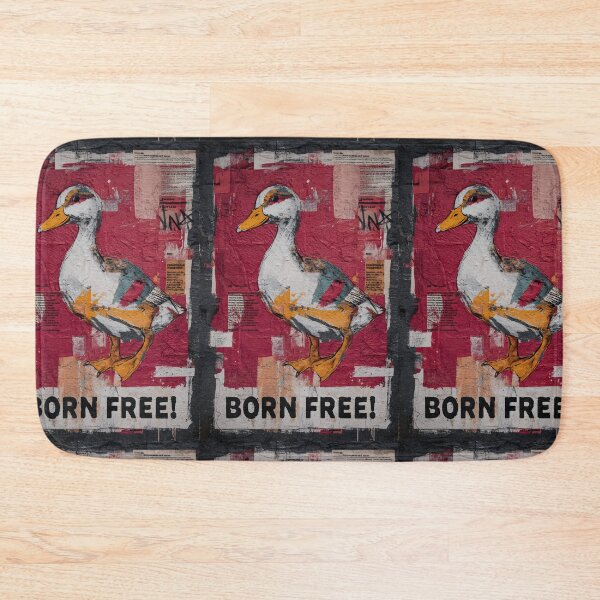 Item preview, Celebrate Freedom with Stylized Duck Holding Born Free Sign on Textured Red Collage Background designed and sold by OlfactoART Studio.