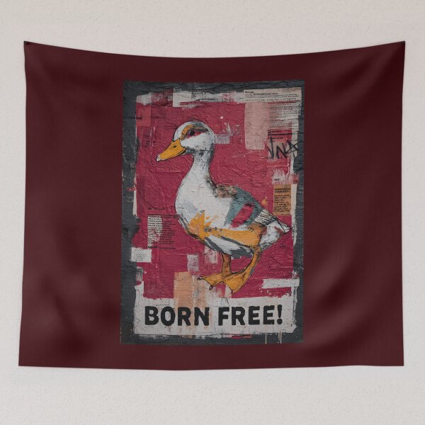 Item preview, Celebrate Freedom with Stylized Duck Holding Born Free Sign on Textured Red Collage Background designed and sold by OlfactoART Studio.
