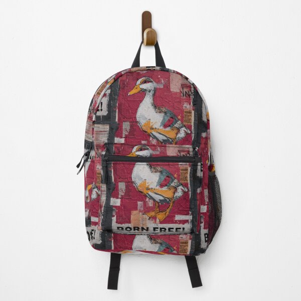 Item preview, Celebrate Freedom with Stylized Duck Holding Born Free Sign on Textured Red Collage Background designed and sold by OlfactoART Studio.