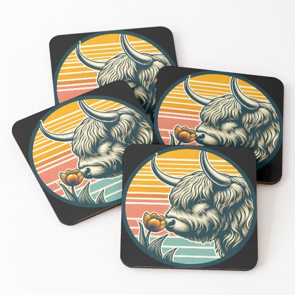 Item preview, Farmhouse Highland Cow with Tulip - Retro Sunset Badge designed and sold by GREENZ0NE.