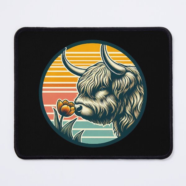 Item preview, Farmhouse Highland Cow with Tulip - Retro Sunset Badge designed and sold by GREENZ0NE.