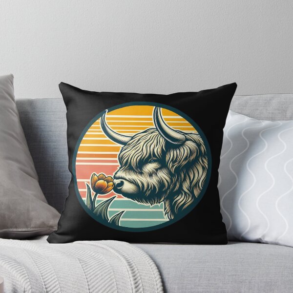 Item preview, Farmhouse Highland Cow with Tulip - Retro Sunset Badge designed and sold by GREENZ0NE.