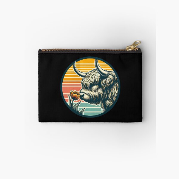 Item preview, Farmhouse Highland Cow with Tulip - Retro Sunset Badge designed and sold by GREENZ0NE.