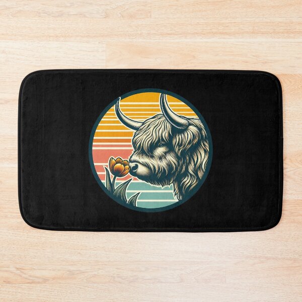 Item preview, Farmhouse Highland Cow with Tulip - Retro Sunset Badge designed and sold by GREENZ0NE.