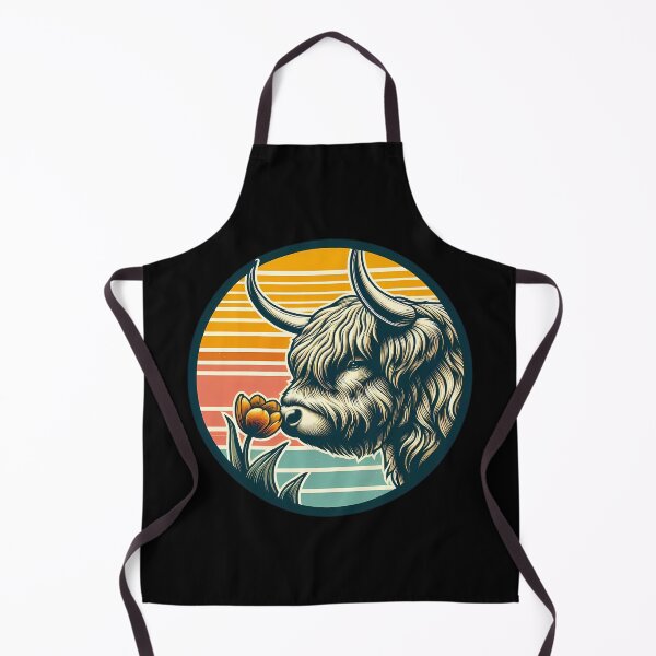 Item preview, Farmhouse Highland Cow with Tulip - Retro Sunset Badge designed and sold by GREENZ0NE.