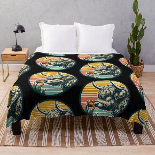 Item preview, Farmhouse Highland Cow with Tulip - Retro Sunset Badge designed and sold by GREENZ0NE.