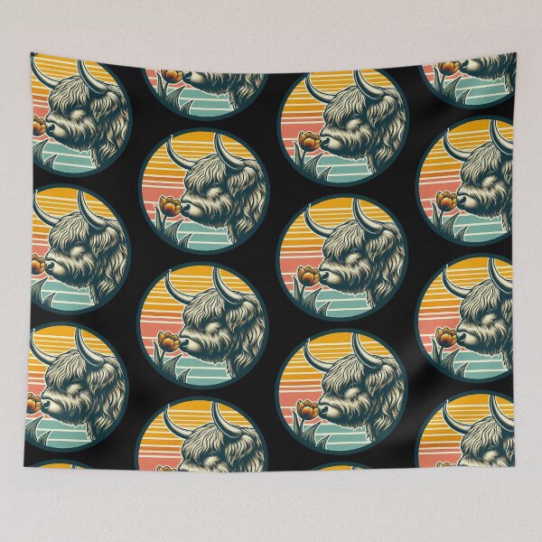 Item preview, Farmhouse Highland Cow with Tulip - Retro Sunset Badge designed and sold by GREENZ0NE.