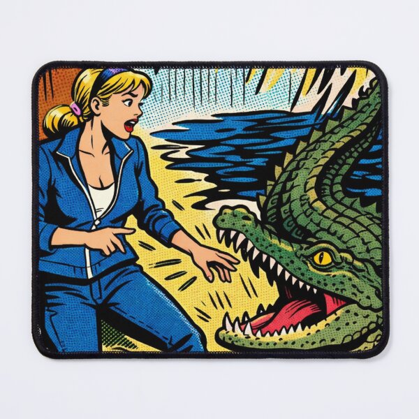 Item preview, Comic Book Retro Illustration Woman Facing Alligator Adventure Scene for Vintage Comic Fans designed and sold by RickE.
