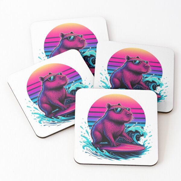 Item preview, Synthwave Surfing Capybara Retro Sunset designed and sold by crazygoose30.