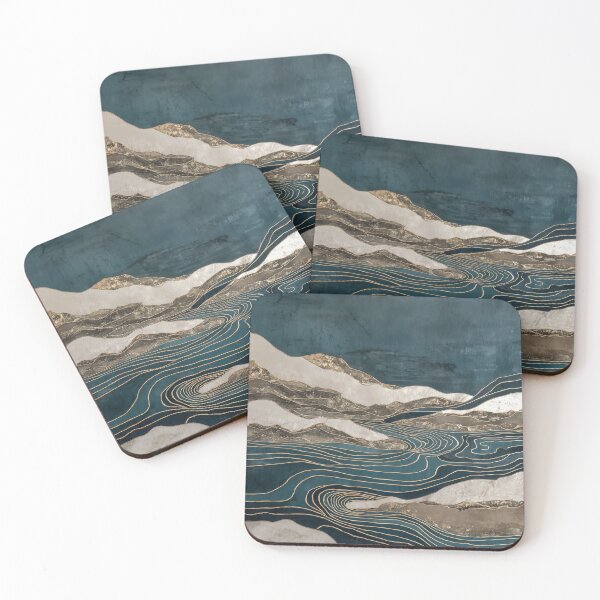 Item preview, Japandi and wabi sabi inspired teal and gold abstract landscape designed and sold by filigreedigital.