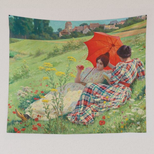 Item preview, Impressionist Painting Women Relaxing in Meadow with Red Parasol for Classic Art Lovers designed and sold by RickE.