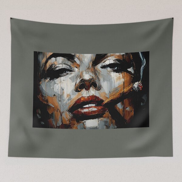 Item preview, Femme Fatale Abstract Womans Portrait Featuring a Cigar and Vibrant Brushstrokes designed and sold by OlfactoART Studio.