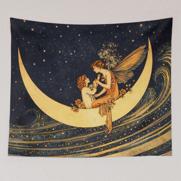 Item preview, Art Nouveau Fairy and Child on Crescent Moon Illustration for Fantasy Art Lovers designed and sold by RickE.