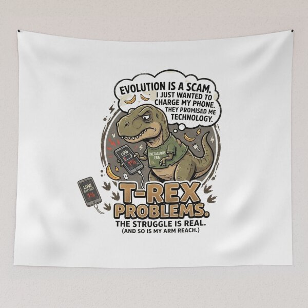 Item preview, Funny T-Rex Problems Meme - Short Arms Low Battery Evolution Scam designed and sold by Wear Sculpt.