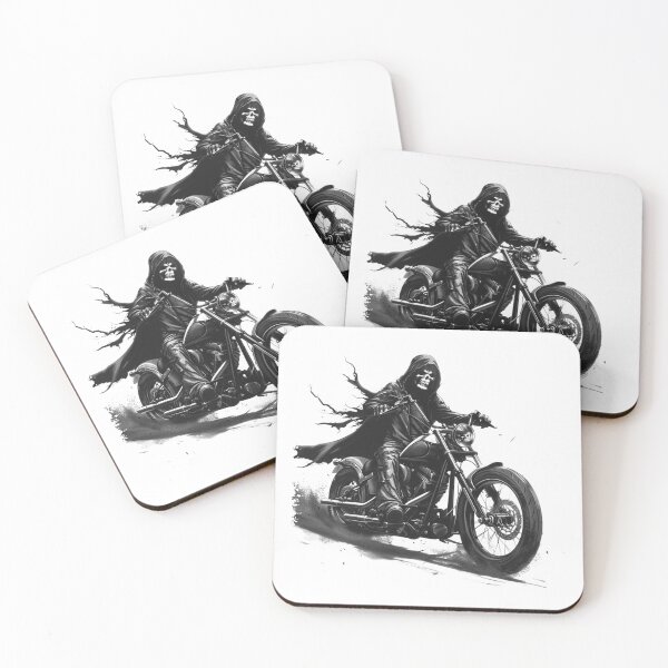 Item preview, Grim Reaper Biker – Skull Rider on Chopper Motorcycle Black & White designed and sold by inkoutninja.