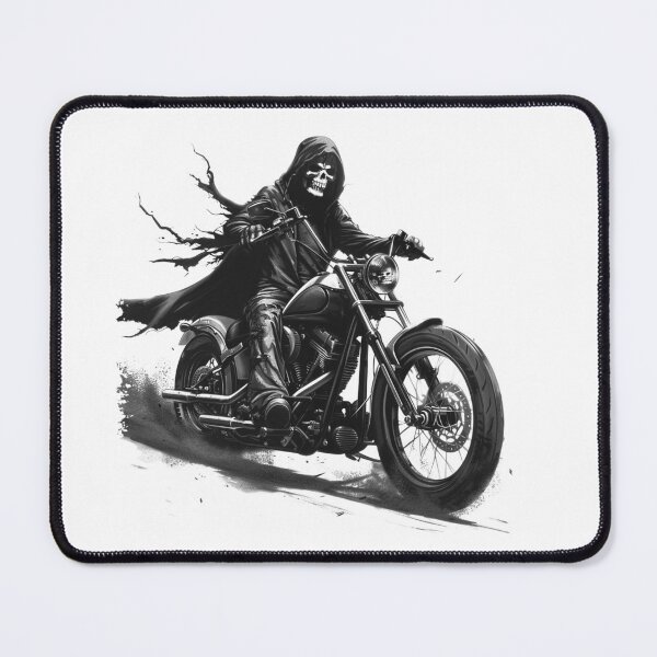 Item preview, Grim Reaper Biker – Skull Rider on Chopper Motorcycle Black & White designed and sold by inkoutninja.