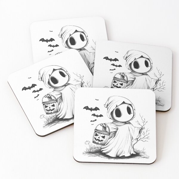 Item preview, Cute Halloween Ghost Trick-or-Treat – Kawaii Pumpkin Pail & Bats designed and sold by inkoutninja.