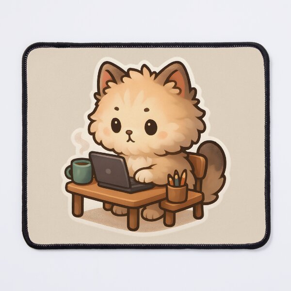 Item preview, Fluffy Chibi Cat at Cozy Laptop Desk designed and sold by VibeShift Studio.