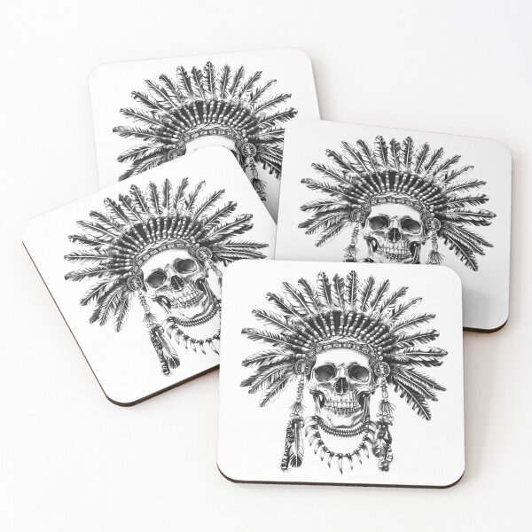 Item preview, Tribal Skull Headdress – Feather Chief Skeleton Black & White Tattoo Art designed and sold by inkoutninja.