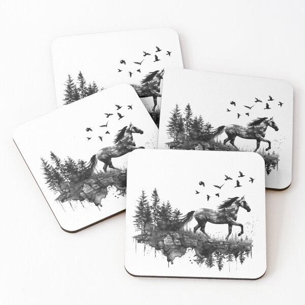 Item preview, Wild Horse Forest Silhouette – Black Ink Watercolor Nature Double Exposure designed and sold by inkoutninja.