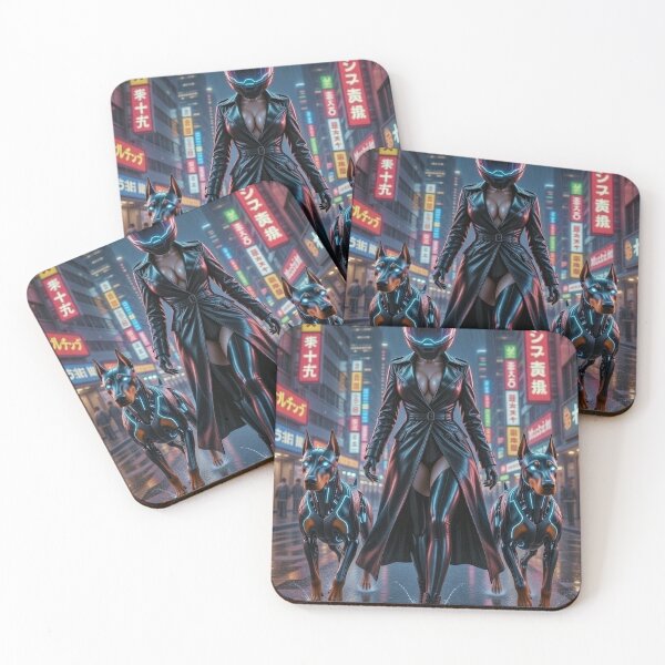 Item preview, Cyberpunk Neon Rain Dominatrix – Black Trench Coat & Cyber Dobermans in Tokyo Night designed and sold by RadaQueen.