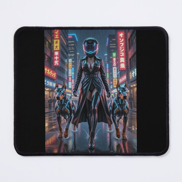 Item preview, Cyberpunk Neon Rain Dominatrix – Black Trench Coat & Cyber Dobermans in Tokyo Night designed and sold by RadaQueen.