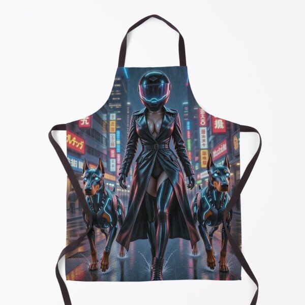 Item preview, Cyberpunk Neon Rain Dominatrix – Black Trench Coat & Cyber Dobermans in Tokyo Night designed and sold by RadaQueen.