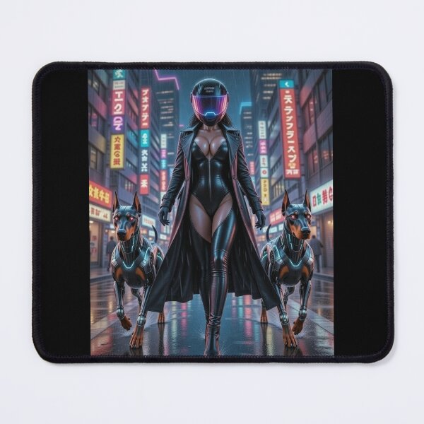Item preview, Cyberpunk Neon Rain Dominatrix – Black Trench Coat & Cyber Dobermans in Tokyo Night designed and sold by RadaQueen.
