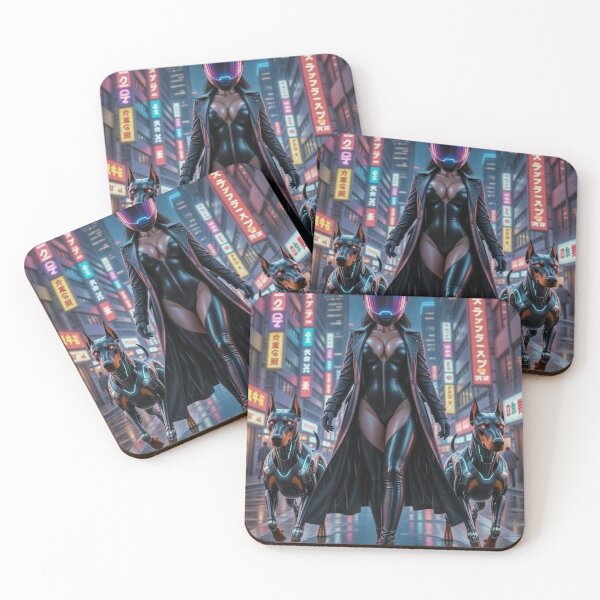 Item preview, Cyberpunk Neon Rain Dominatrix – Black Trench Coat & Cyber Dobermans in Tokyo Night designed and sold by RadaQueen.