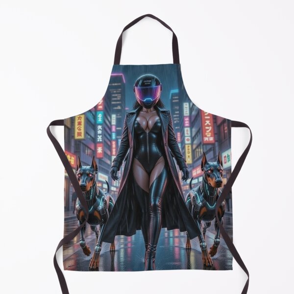 Item preview, Cyberpunk Neon Rain Dominatrix – Black Trench Coat & Cyber Dobermans in Tokyo Night designed and sold by RadaQueen.