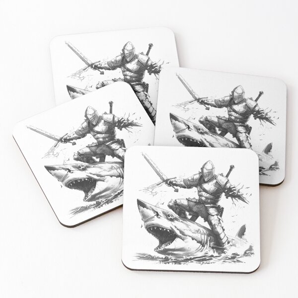 Item preview, Armored Knight Riding Shark – Epic Fantasy Warrior Black & White Ink Art designed and sold by inkoutninja.