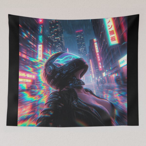 Item preview, Cyberpunk Neon Glitch Babe – Futuristic Helmet in Rainy Tokyo RGB Storm designed and sold by RadaQueen.