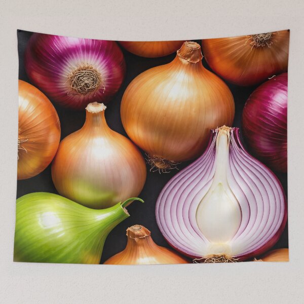 Item preview, Onion Still Life Photography – Red Yellow Green Bulbs on Dark Background designed and sold by Kaleidoscope Print.