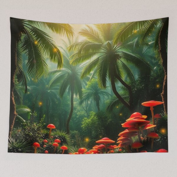 Item preview, red mushrooms, palm trees, sunny day designed and sold by PurvaNimfaMagic.