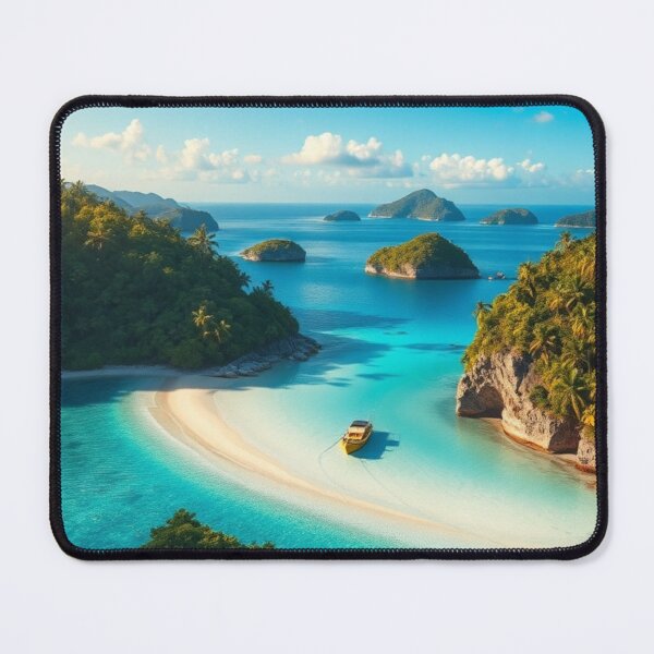 Item preview, Tropical Paradise Beach Lagoon with Boat and Islands designed and sold by Vida e Arte.