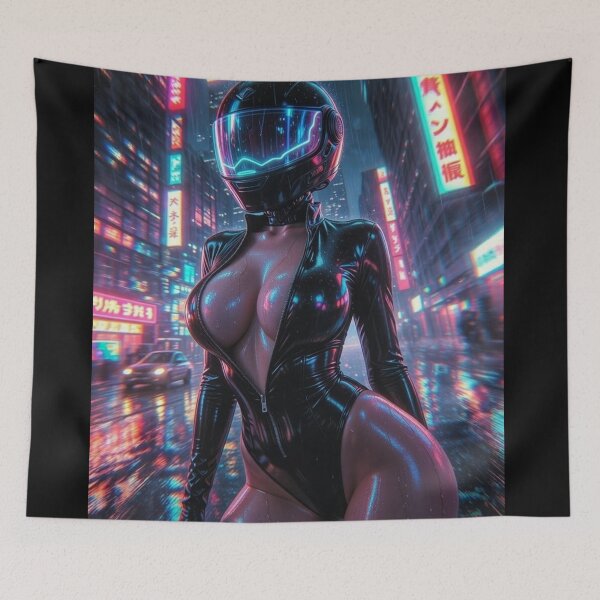 Item preview, Cyberpunk Neon Rain Goddess – Aggressive Latex Suit & Glowing Helmet in Tokyo Storm designed and sold by RadaQueen.