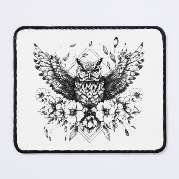 Item preview, Owl with Wings Spread – Floral Mandala Geometric Black & White Tattoo Art designed and sold by inkoutninja.