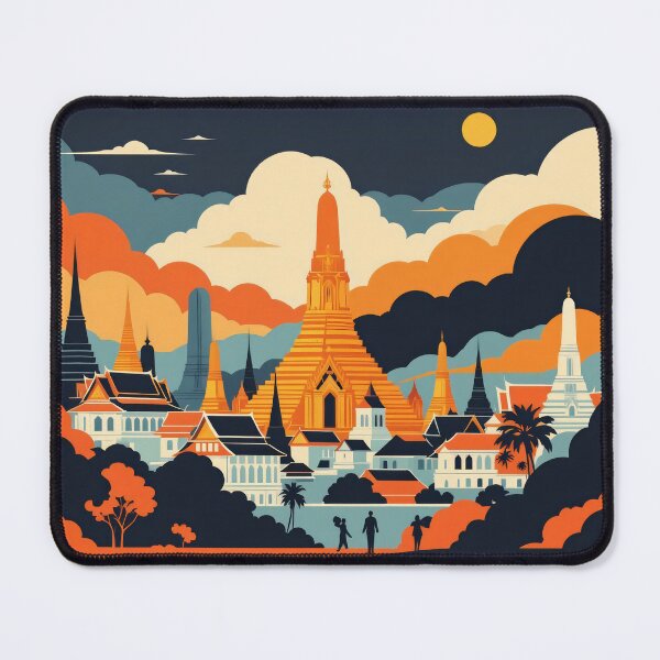Item preview, Bangkok Temple Skyline at Sunset – Thailand Travel Poster Illustration designed and sold by KiraChie.