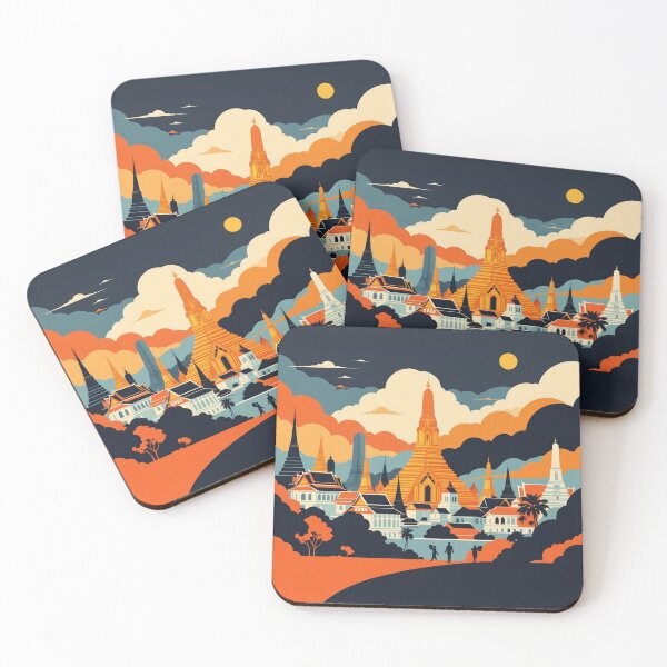 Item preview, Bangkok Temple Skyline at Sunset – Thailand Travel Poster Illustration designed and sold by KiraChie.