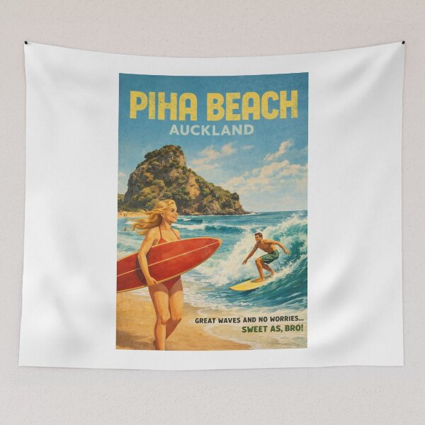 Item preview, Piha Beach Auckland Surf Scene with Lion Rock and Tasman Sea Swells designed and sold by Aryabek.