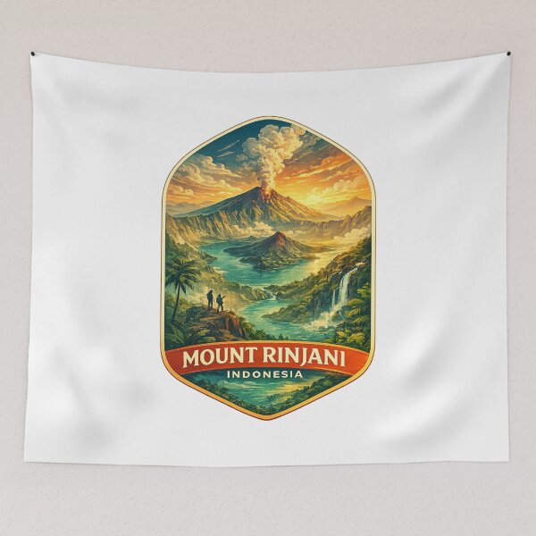 Item preview, Mount Rinjani Indonesia Retro Poster with Segara Anak Crater Lake designed and sold by Aryabek.